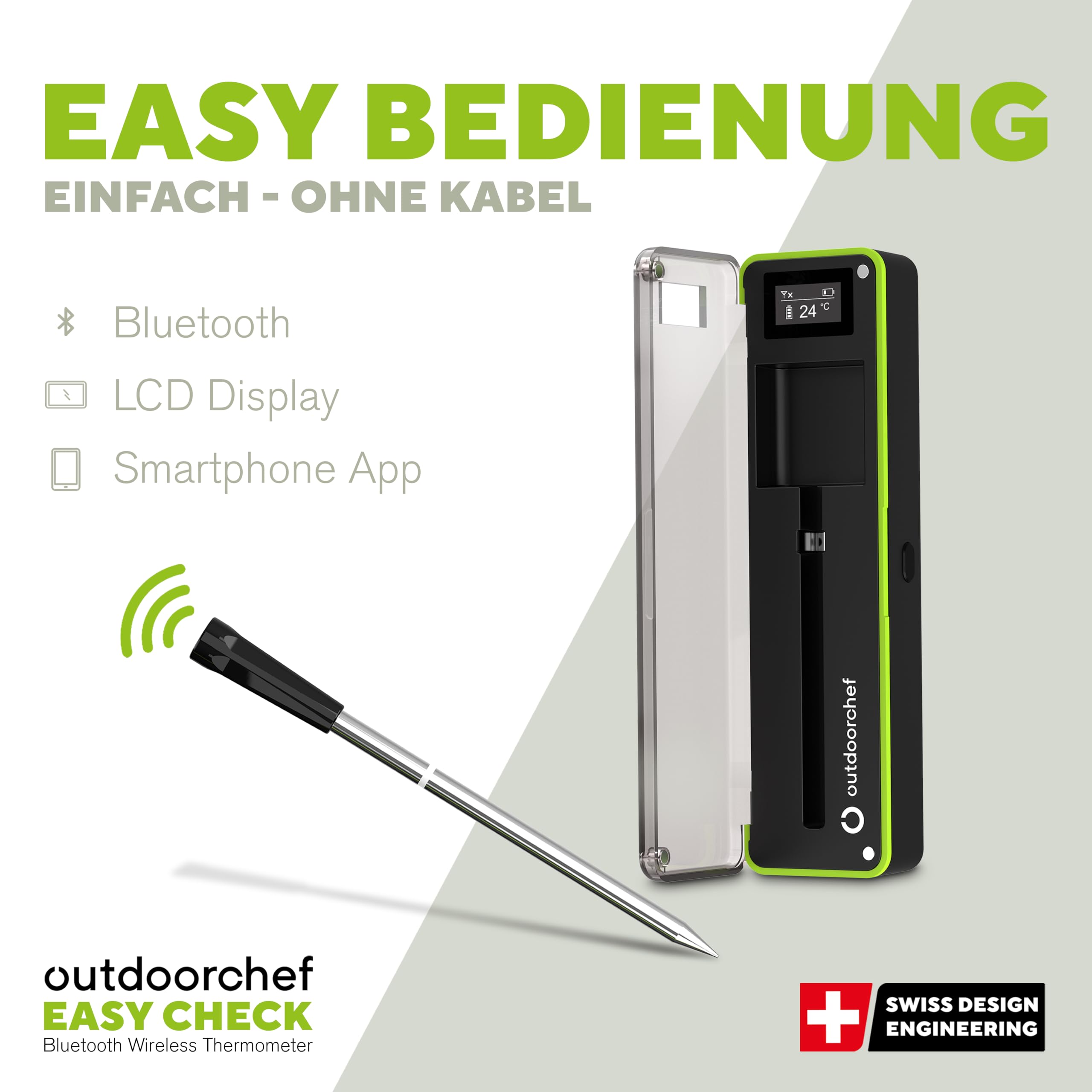 Outdoorchef Easy Check Single Bluetooth - Termometro per barbecue senza fili con app, 1 sonda, portata 200 m, lavabile in lavastoviglie, per barbecue, barbecue e affumicatore