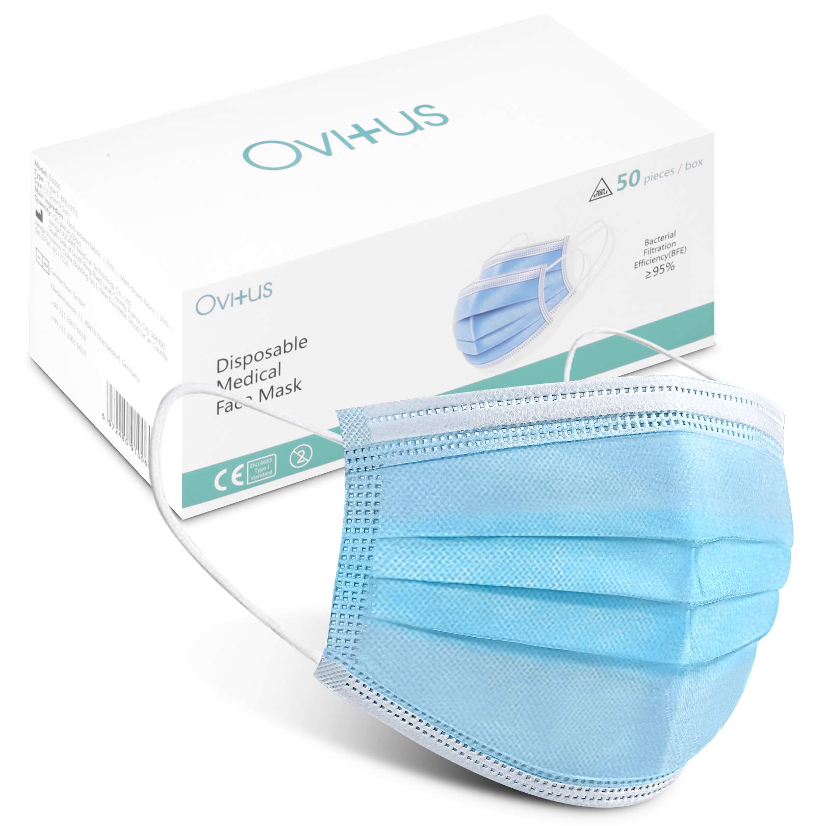 Ovitus 50x Face Masks Protection 3-ply Disposable Face Mask Dust-Proof Non-woven Fabric, Nose and Mouth Cover