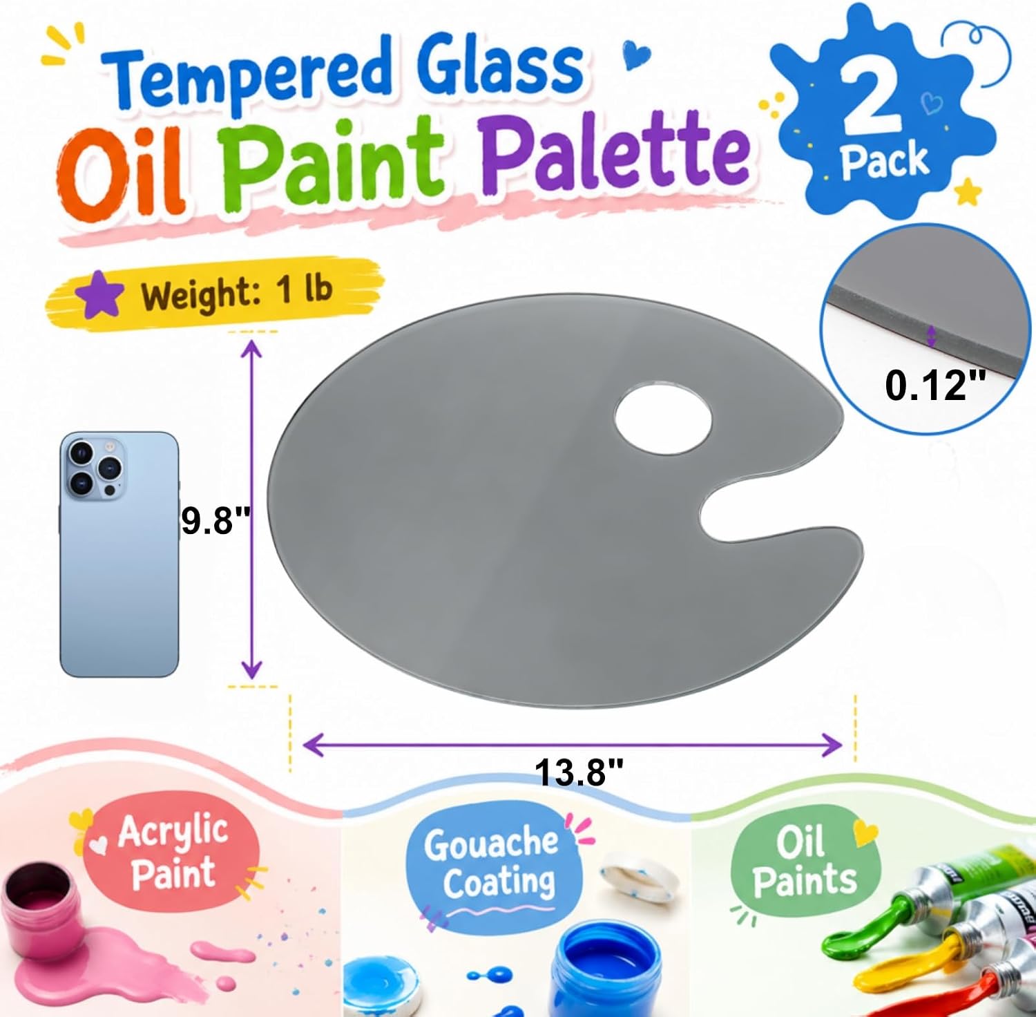 2 Pack Tempered Glass Paint Palettes for Oil Painting, Neutral Grey