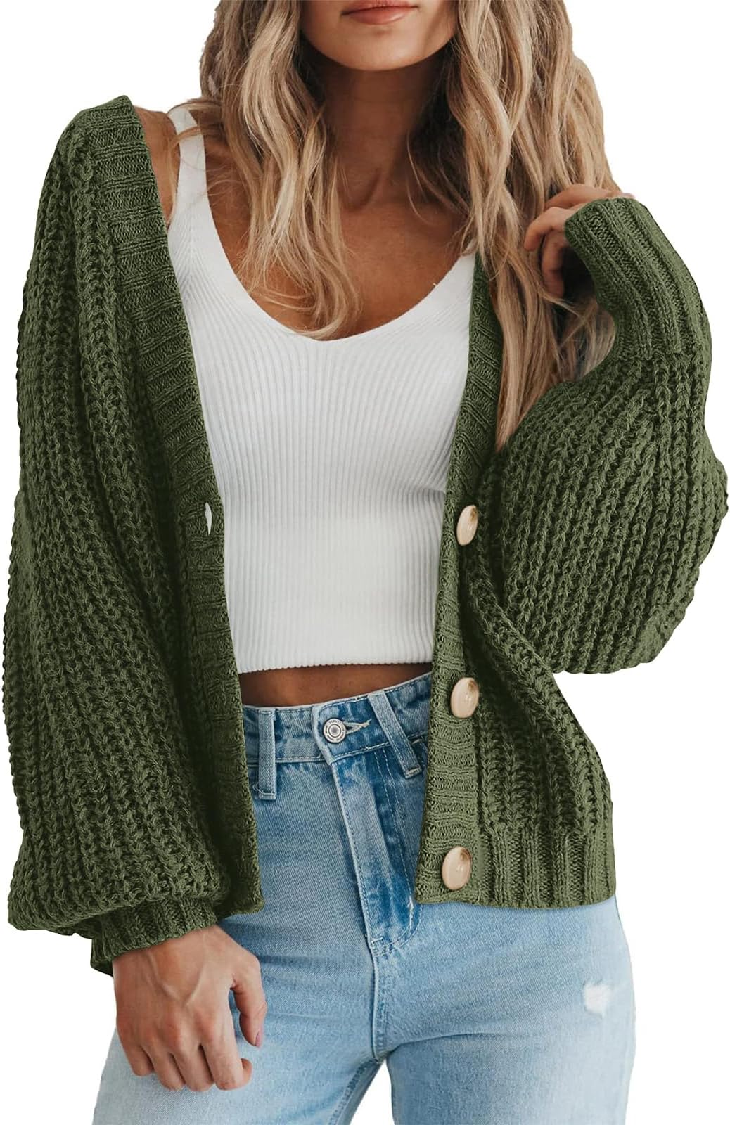 Women's Chunky Knit Open Front Sweater Long Sleeve Button Loose Short Cardigan Outerwear Coats