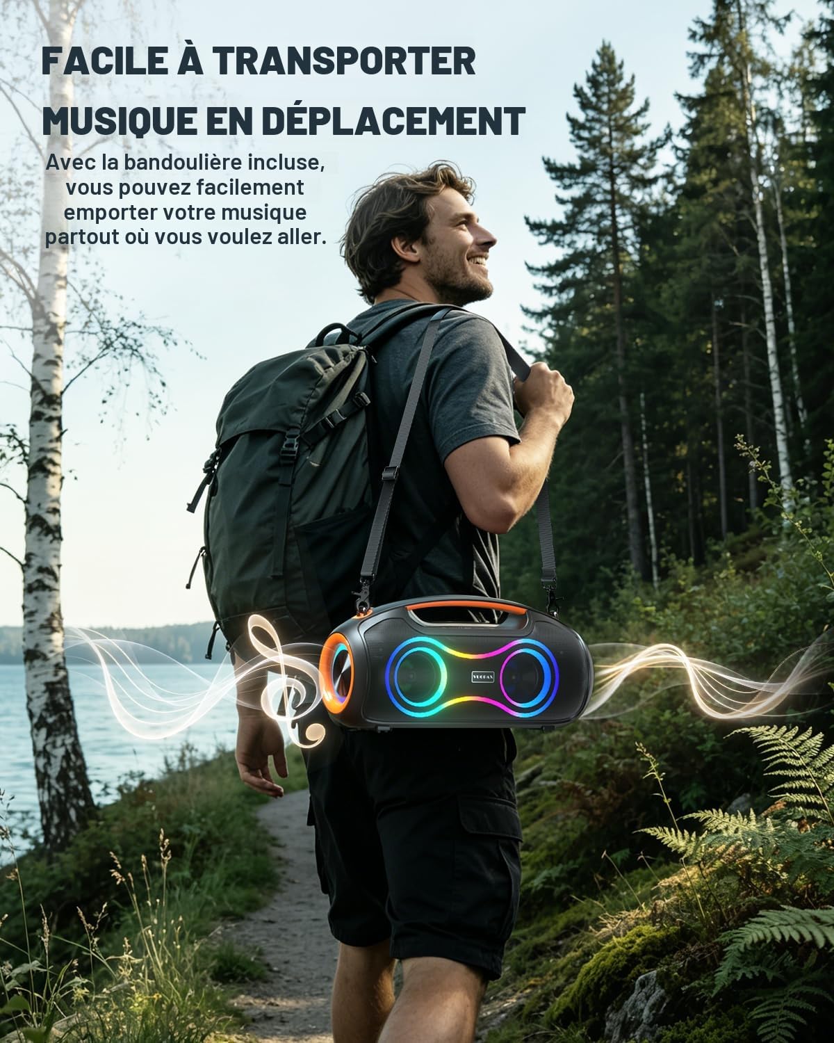 Enceinte Bluetooth Puissante avec Lumières, 180W Max Portable Party Speaker, Outdoor Haut Parleur, 2+2 Canaux, Bass Boost, étanche IP65, 24H, USB-C, EQ, BT5.3, idéale pour Fêtes/Voyage/Camping