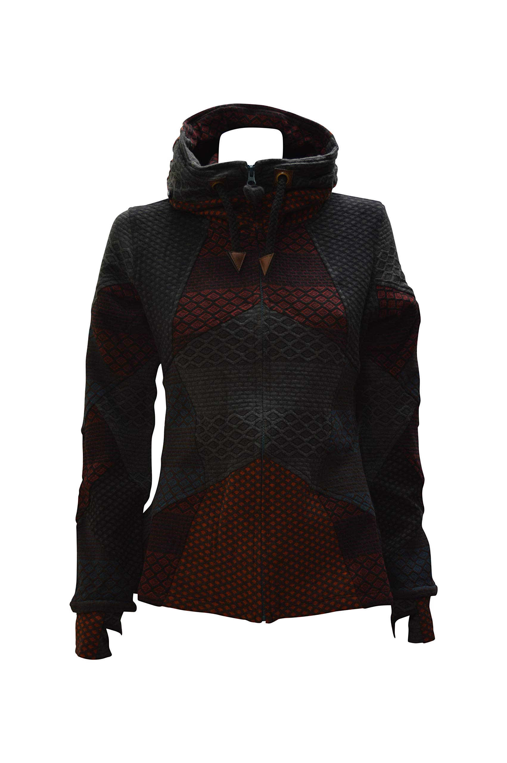 Womens Ladies Upcycled Organic Cotton Abstract Patchwork Hood Jack Size L (Navy)