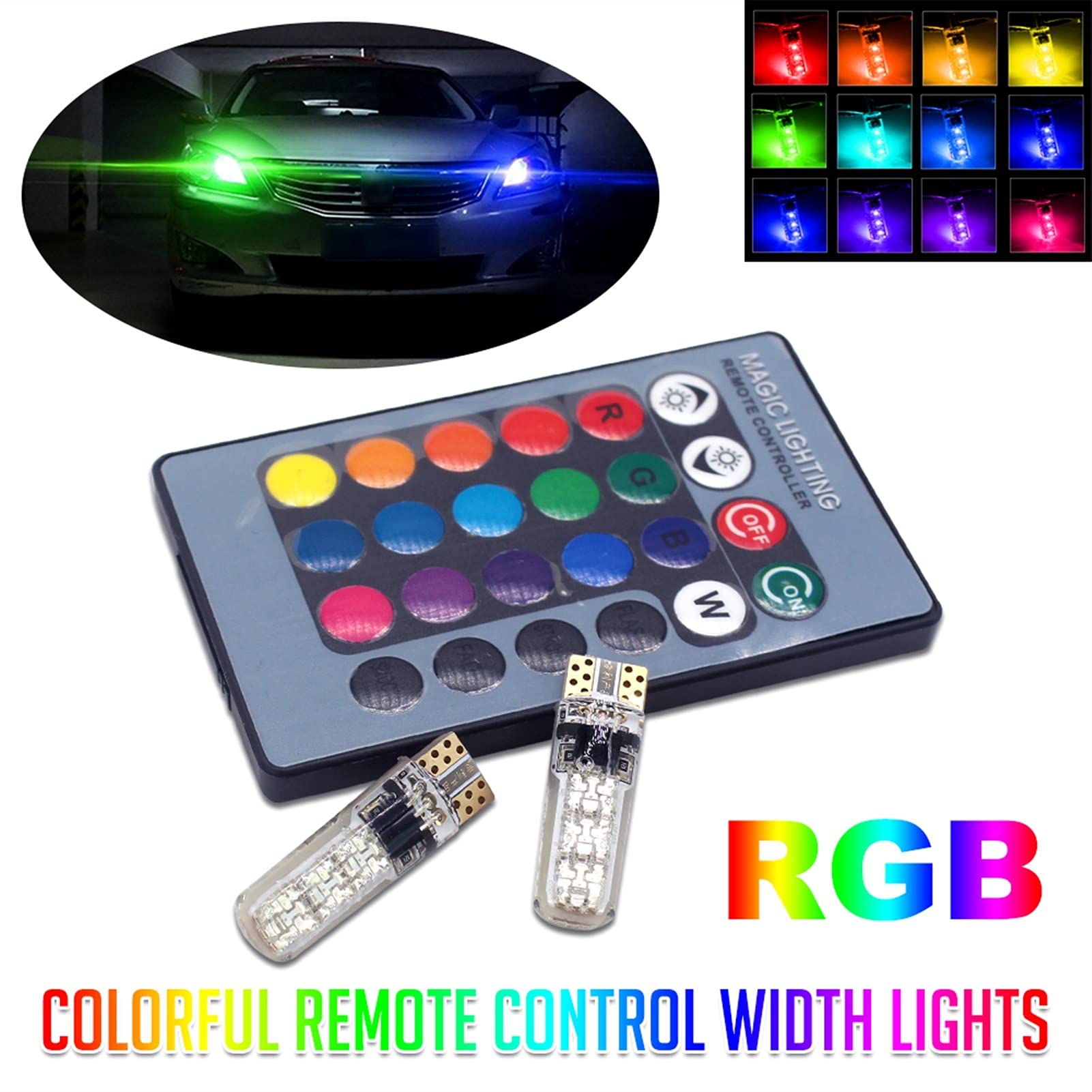 Lot De 2 Ampoules LED T10 RGB 34mm – 18 SMD 2016 Multicolores Avec Télécommande – 16 Couleurs + Modes Dynamiques Pour Voiture 12V (W5W/194/168)