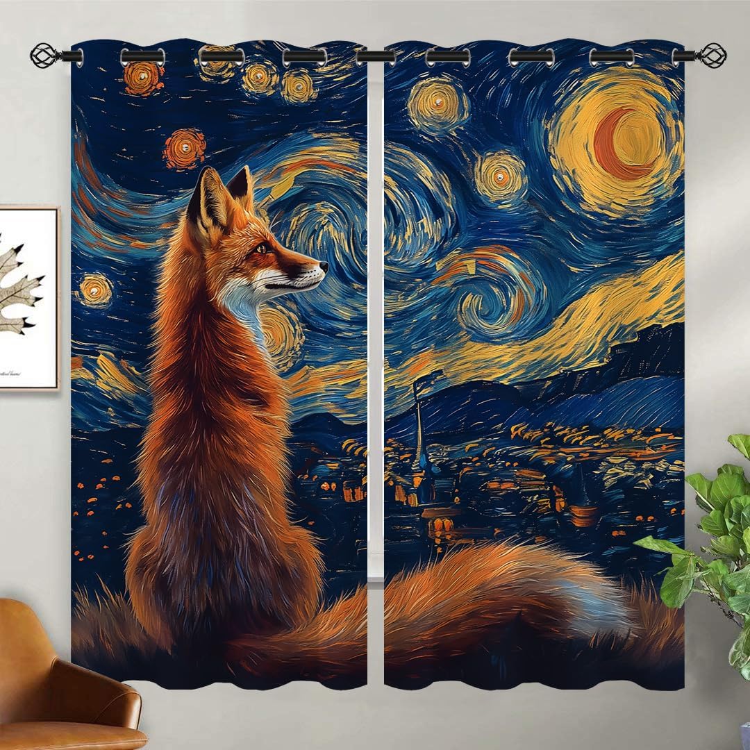Fox Blackout Curtains for Girls Boy Home Decor, Rustic Nursery Forest Animal Country Cool Art Grommet Thermal Insulated Drapes Darkening Window Curtain for Bedroom Living Room, 63 x 63 Inch