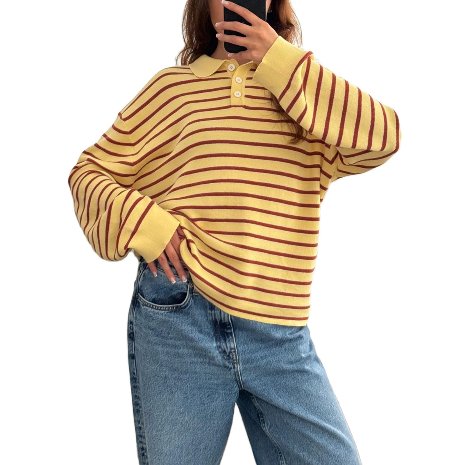 Bocymolay Women Striped Rugby Polo Shirt Button Collared Oversized Pullover Sweater Preppy Sweatshirt Knitwear