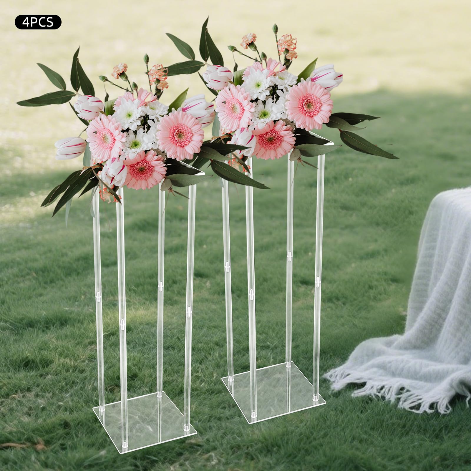 Vaso per fiori, 4 pezzi, in acrilico, per feste, matrimoni, 25 x 25 x 80 cm, trasparente, centrale, supporto per lavagna, moderno, colonna di fiori (rettangolare)