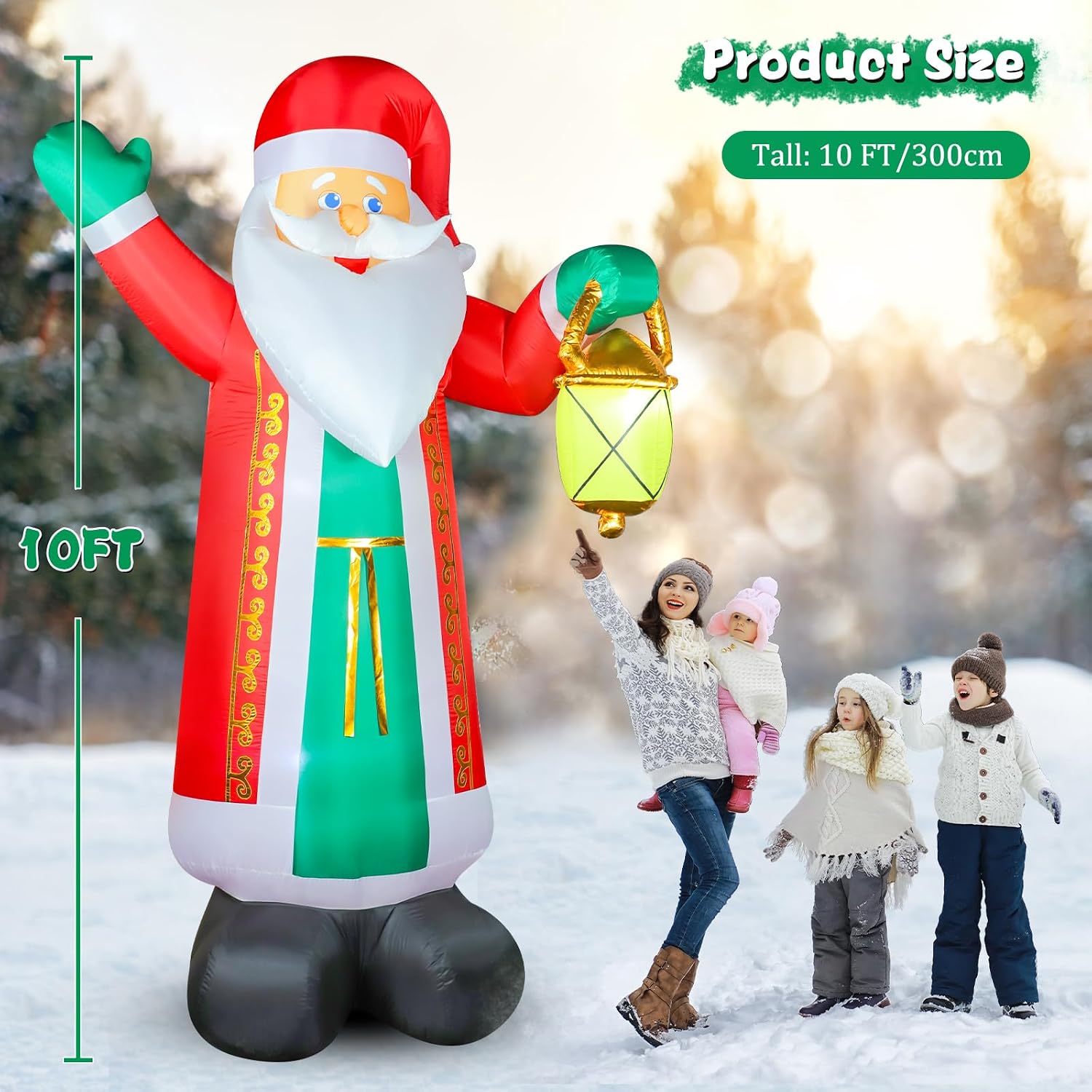 FunFanso 10 FT Christmas Inflatable Santa Claus with Lantern & Green Gloves, Xmas Blow up Outdoor Decorations, Built-in LED Lights for Yard Garden Lawn Patio Indoor Winter Holiday Home Party Decor
