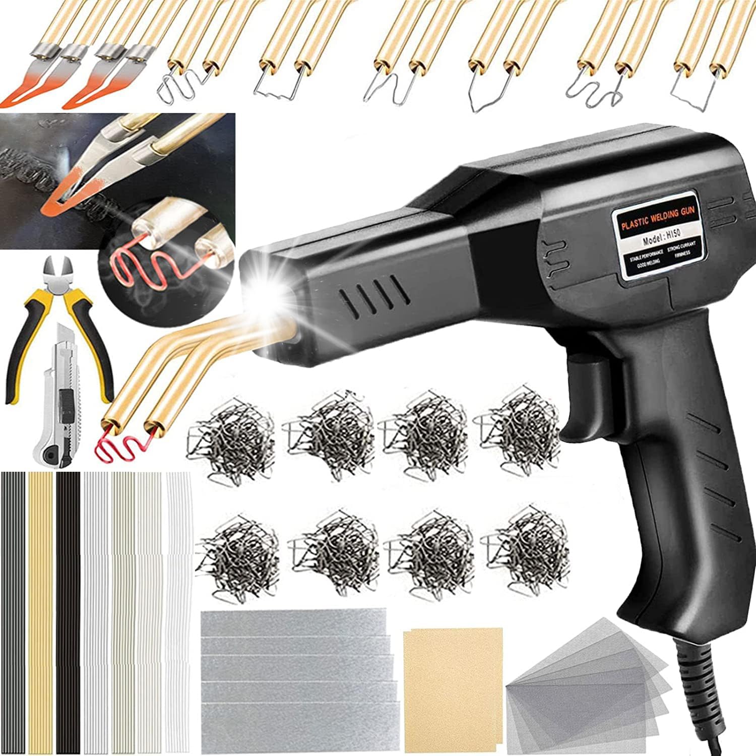 150W Plastic Welder,Plastic Welding Kit Car Bumper Repair 800pcs Hot Staples & 56pcs 7 Types of Welding Plastic Welding Rods for Car Bumper Plastic Crack Repair (Black)