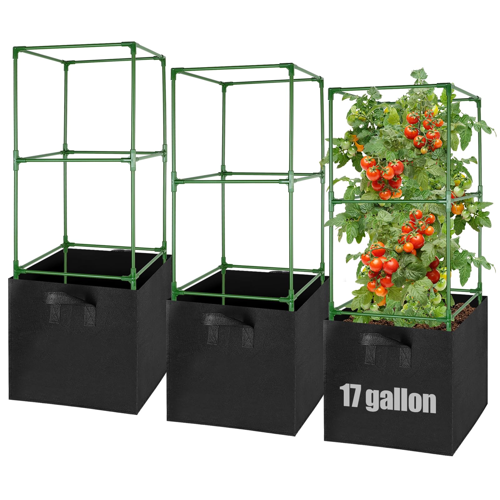 ANPHSIN Sturdy Square Tomato Cage with 17 Gal Grow Bags
