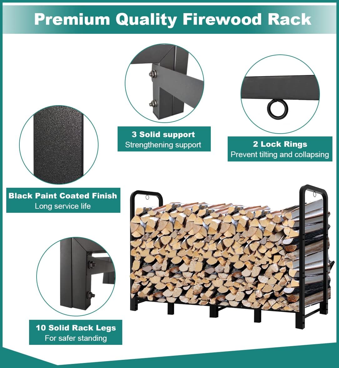8Ft Firewood Rack Adjustable Fireplace Wood Holder for Outdoor Indoor Storage Log-Heavy Duty Fire Log Lumber Stand Stacker, Black