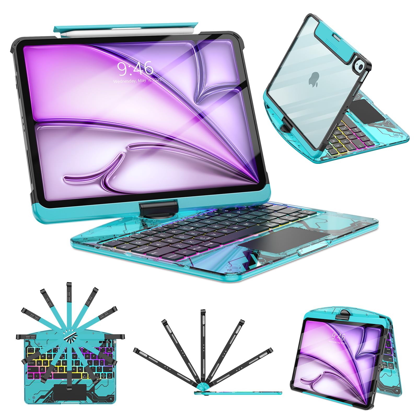 TSQQST Clear Wireless Keyboard Case for iPad Air 13 Inch (M3/M2, 2025/2024)/ iPad Pro 12.9" (6th/5th/4th/3rd Gen), 7-Color Backlit, Pencil Holder &