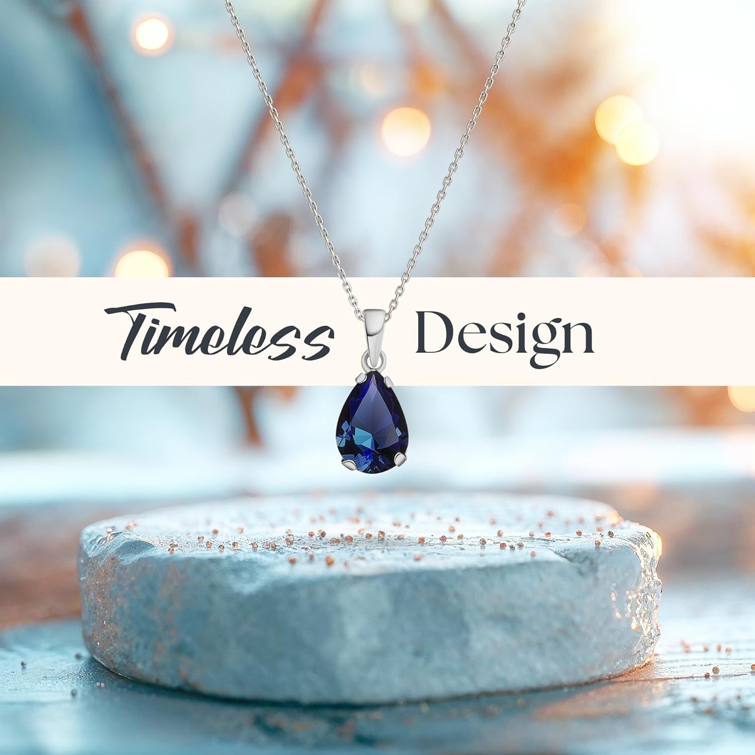 Women's 14K White Gold Gemstone Necklace - Birthstone Pendant - Teardrop Solid Gold Pendant WITH Sterling Silver Chain - Elegant Wedding Jewelry for Brides - Gemstone Gift for Her