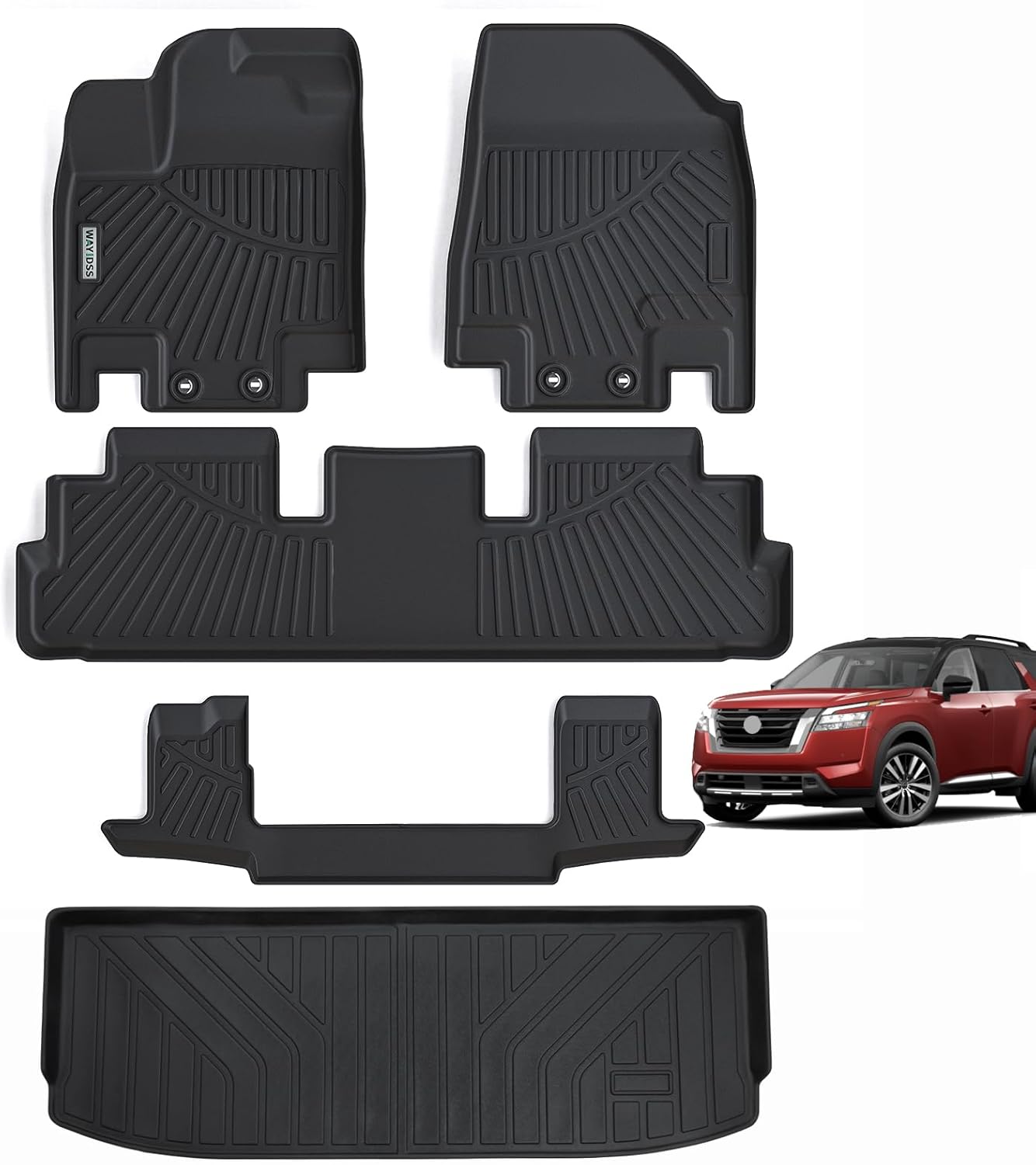 Floor Mats & Trunk Mat for Nissan Pathfinder 2022 2023 2024 2025 (Only fit 7 Passenger Models), 3 Rows Full Set with Cargo Liner,TPE All Weather Protection Car Floor Liners Accessory-Black