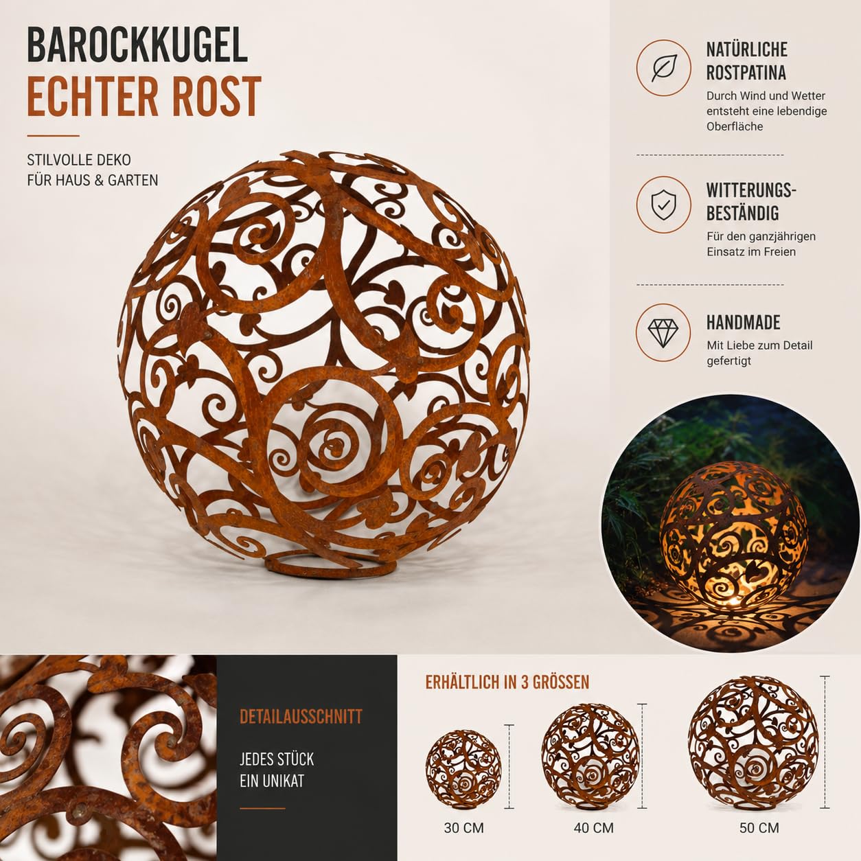 Terma Rost Kugel 40 cm Barock filigran Handmade Germany Gartenfigur groß Metallfigur edelrost Garten Deko Outdoor deko Metall Kugeln Vintage gartendeko rostoptik dekokugel gartenkugel