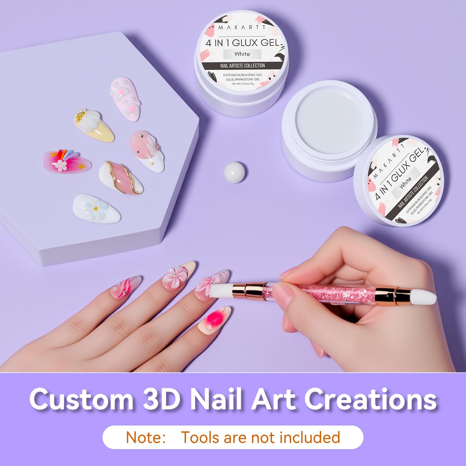 Makartt 4 en 1 Blanc Gel Constructeur Solide Non Collant 15 ml | Formule 4 en 1 : extension, sculpture 3D, construction et renforcement, idéale pour débutants et professionnels