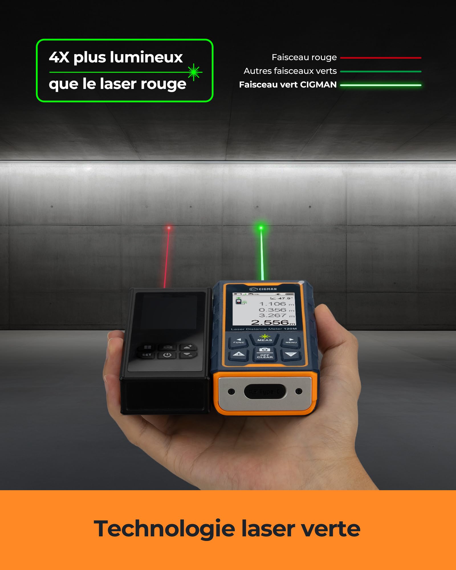 Télémètre Laser bilatéral CIGMAN, jusqu'à 120 m (jusqu'à 60 m dans Chaque Direction), Batterie Rechargeable, câble de Chargement Type-C, avec Sac de Rangement