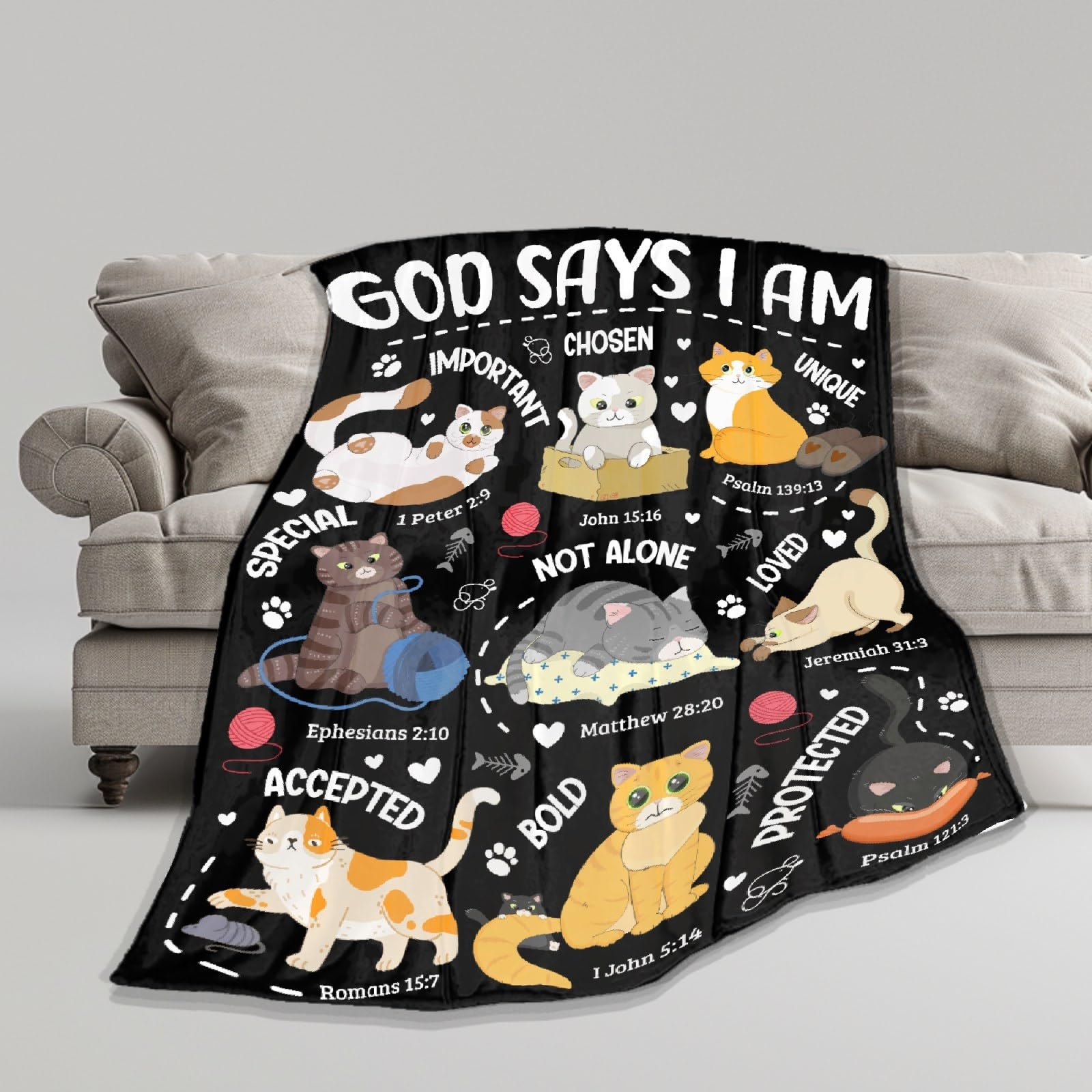 Cat Throw Blanket,Bible Verse Blanket, Christian Gifts, God Says I am Print Blankets, Meaningful Thoughtful Religious Gifts for Girls,Cat Lover Room Bed Decoration, 40" x50”