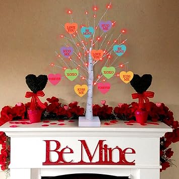 [Timer] Valentines Day Decoration 24 Inch Valentines Decor Tree Light with 12 Heart Ornaments, USB/Battery Operated Valentines Day Decor Lighted Tree, Valentines Day Decorations for Home Table Bedroom