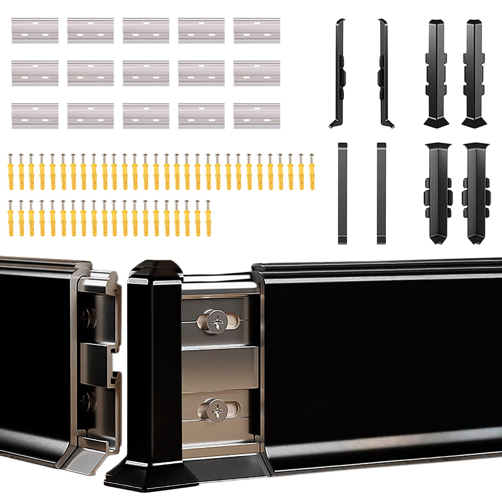 Battiscopa Kit modanatura parete in alluminio lunghezza 49,2 pollici, 4 pezzi pannelli modanatura rivestimento parete, battiscopa pavimento impermeabile in metallo rivestimento battiscopa(Black 4pcs,H
