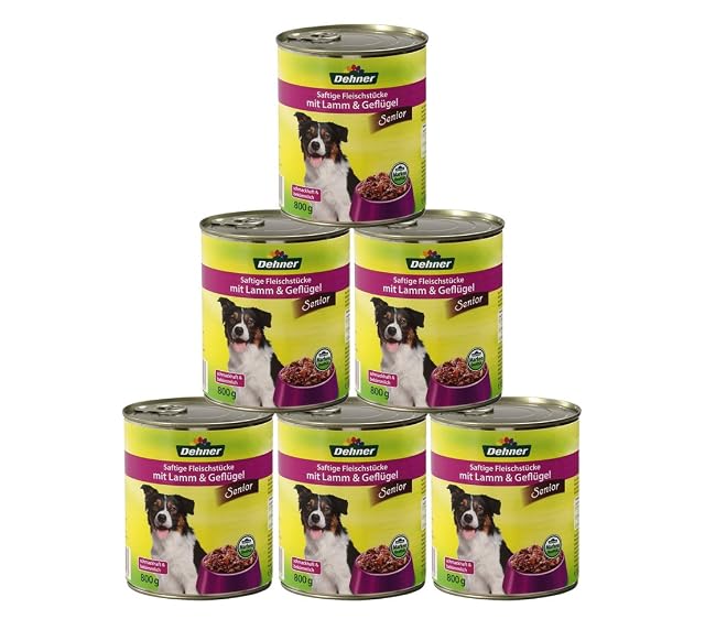 Dehner Perros Forro Senior, Cordero y Aves, 6 x 800 g (4800 g)