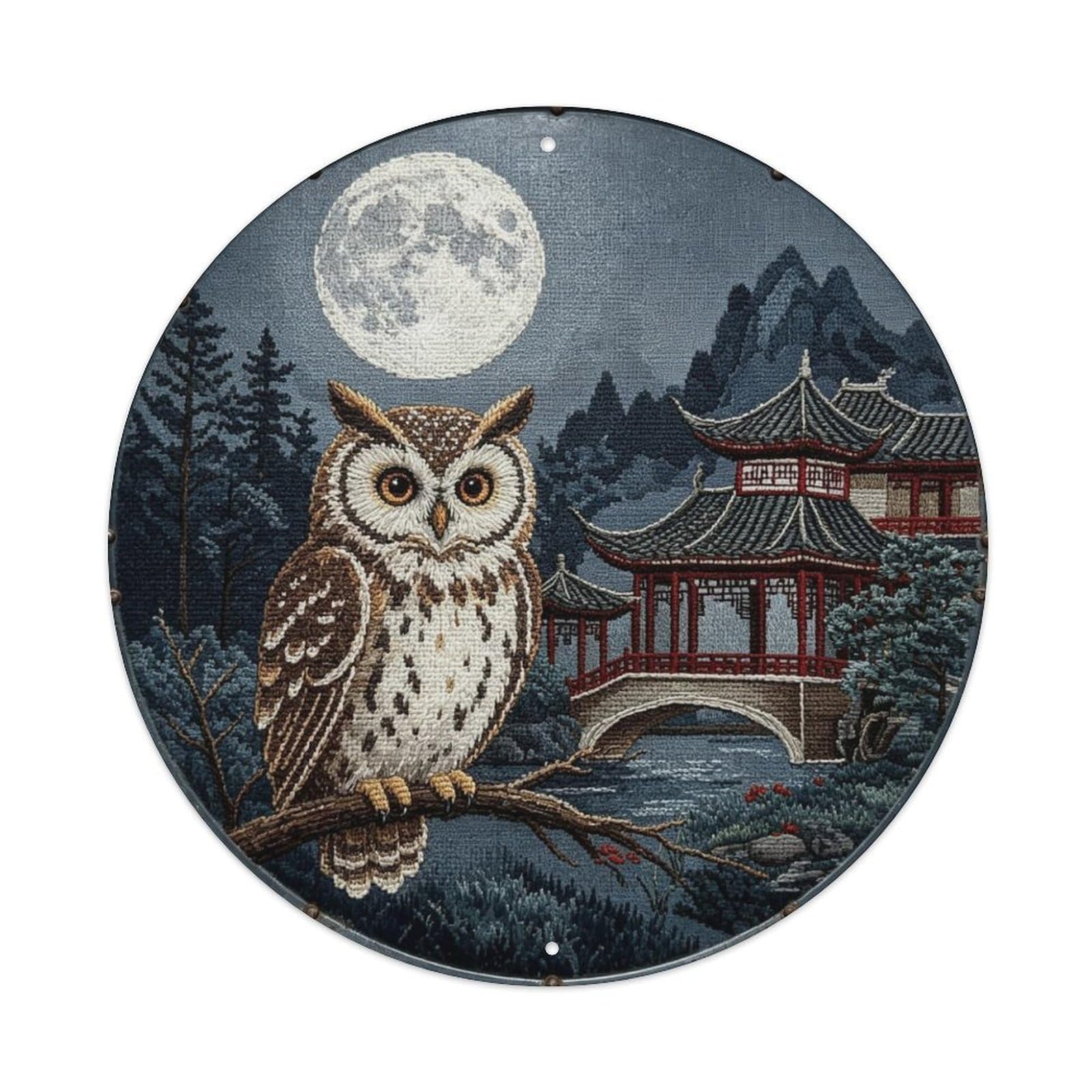 Barn Owl Full Moon Embroidery Metal Tin Sign Plaque