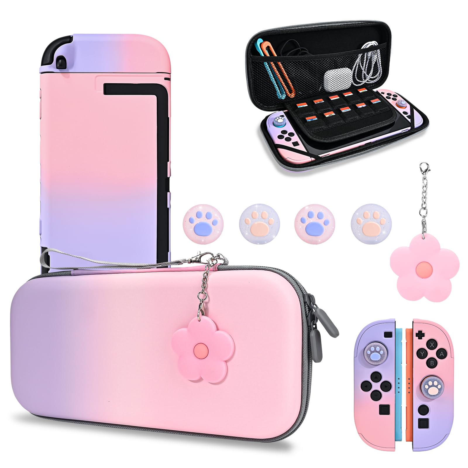 DLseego Tasche nur für Switch 2,Tragetasche für Reise mit Stabiler Schutzhülle,4PCS Daumenabdeckung und 1PC Schöne Blume Charme,Rosa+Lila