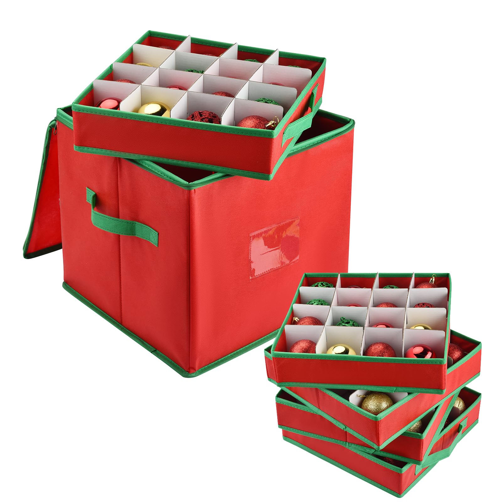 VITEVER Aufbewahrungsbox für Weihnachtskugeln mit Verstellbaren Trennwänden, Aufbewahrungstasche Weihnachten mit 4 Ebenen, Abnehmbar mit Griffen, 64 Kugel-Aufbewahrungsbeutel, 32x32,5x33cm