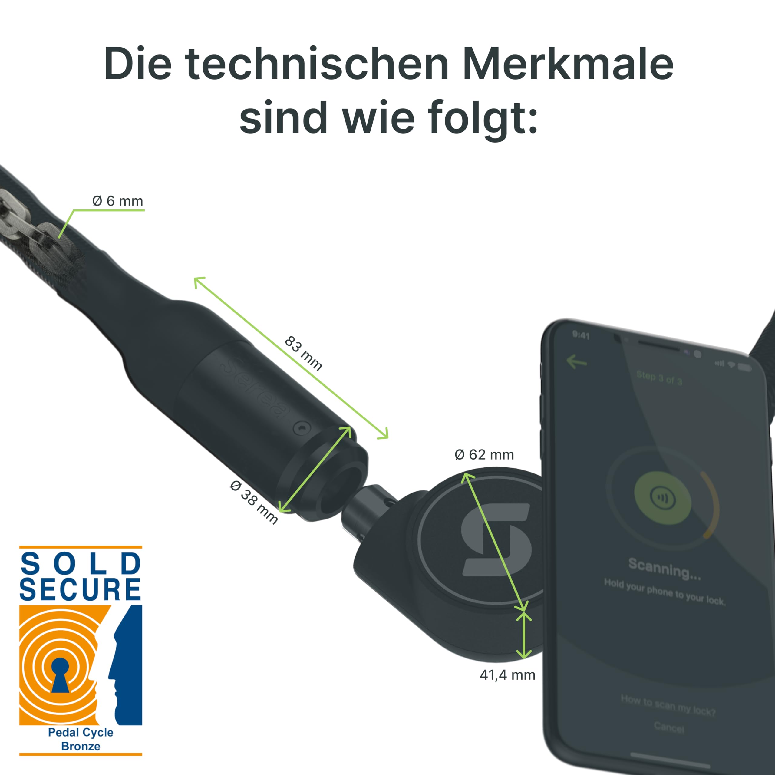Serea Smart lock SWIFT, serratura per bicicletta, senza chiave, alta sicurezza, affidabile (nero, 125 cm)