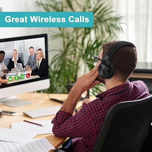 Miniatura 4 de Auriculares inalámbricos Bluetooth 5.0 sobre la oreja de 30 horas de batería, radio FM, reproductor de MP3, micro SD/TF con controladores de graves