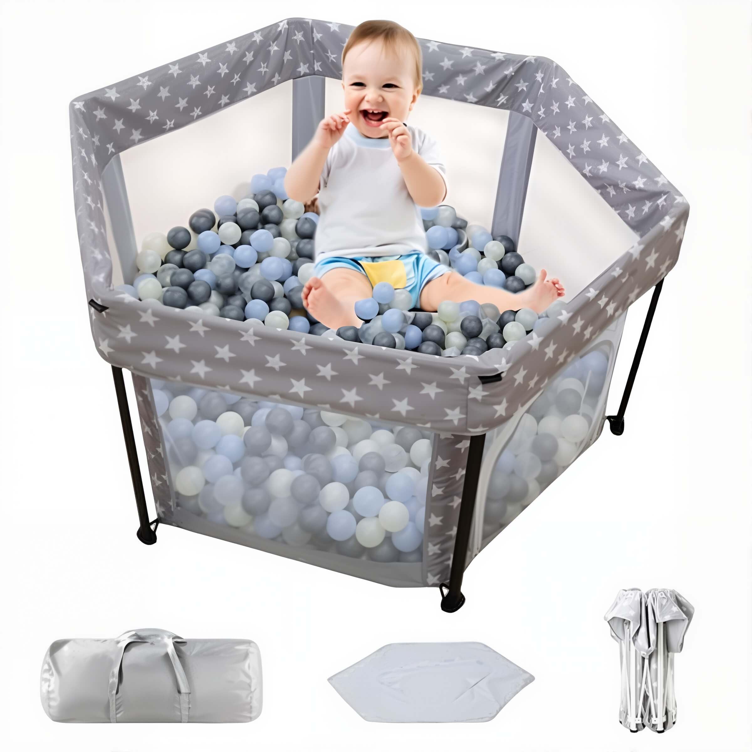 EDUTREE Hexagon Baby Playpen 126×110 CM – Foldable & Portable Play Yard with Mat, Breathable Mesh, Zipper Door & Storage Bag, Safe Activity Center for Toddlers, Indoor & Outdoor Use (Grey)