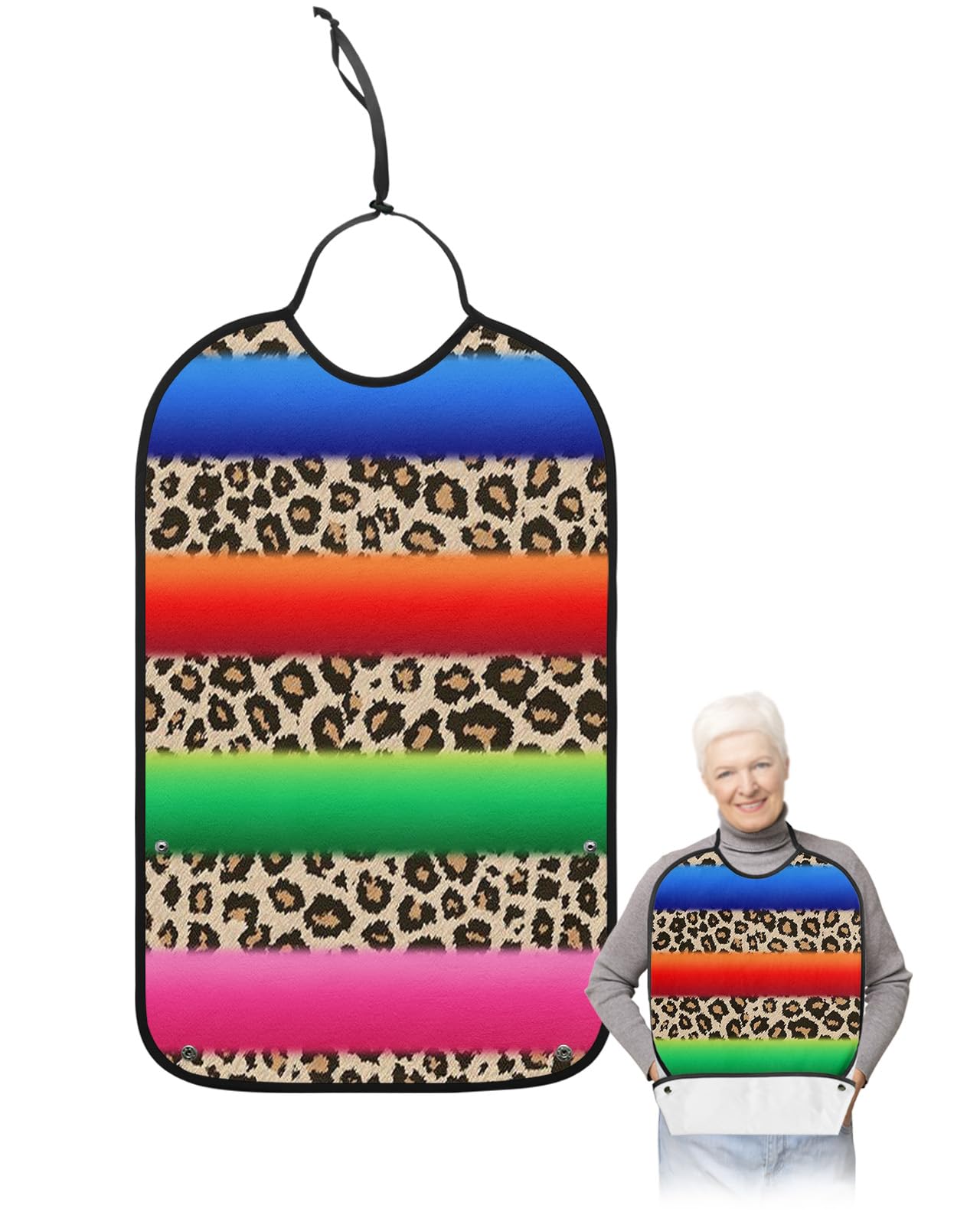 Colorful Leopard Print Adult Bibs for Eating, Waterproof Bibs with Food Catcher & Adjustable Snap Closure, Brown Cheetah Animal Texture Washable Clothing Protectors Adult Bibs for Elderly Women/Men