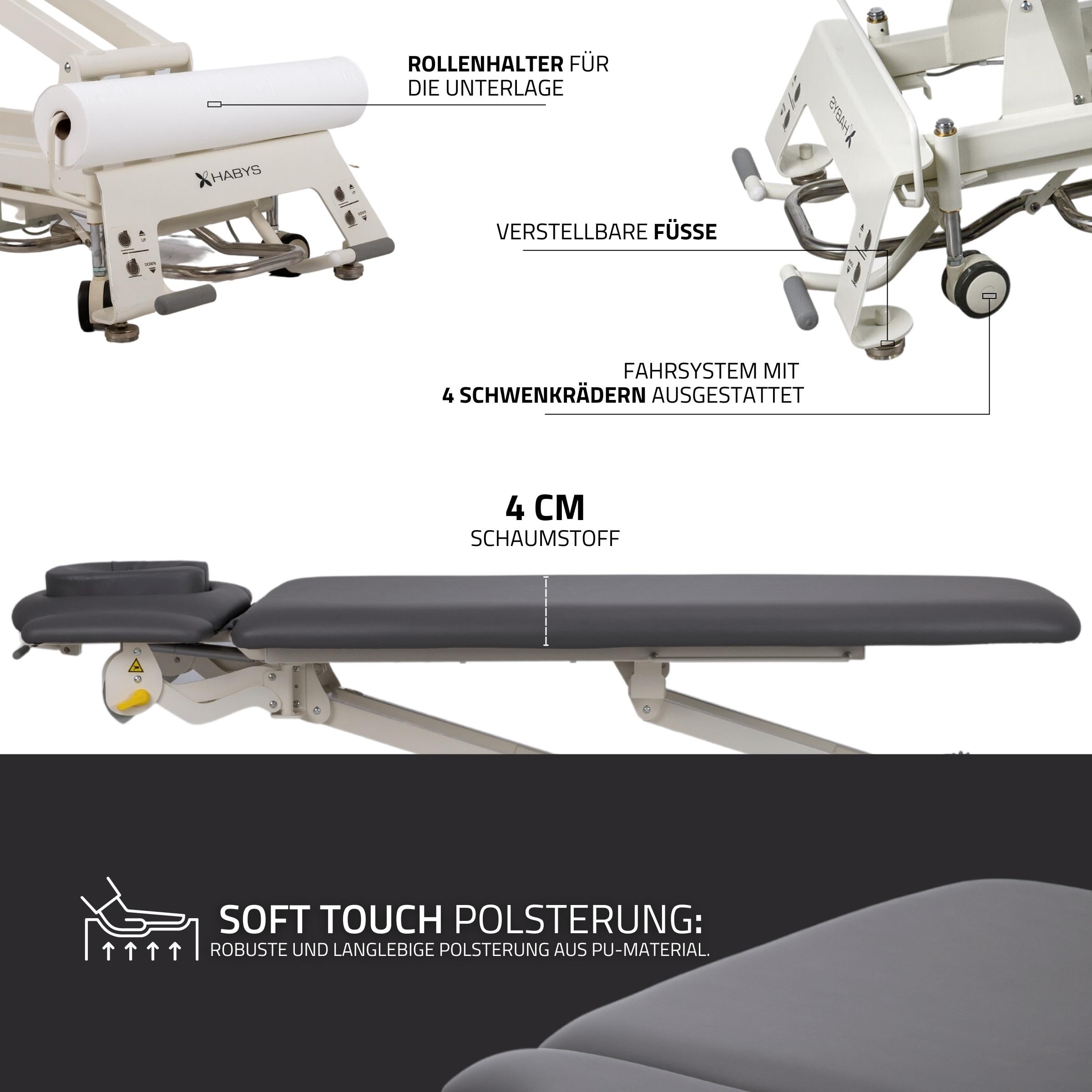HABYS Evero V4 | Elektrische Massageliege Behandlungsliege Therapieliege Massagebank Kosmetikliege | Höhenverstellbar 198 x 68cm |Elektrisch | 4 - Segmente | MDR-Zertifizieriung | Grau