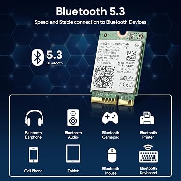 Intel AX211NGW Wi-Fi 6E Laptop Mobile Wireless Card: Tri-Band (2.4/5/6GHz), 2.4Gbps max Speed, Bluetooth 5.3, M.2 2230 CNVio2, MU-MIMO, OFDMA, Miracast. Support for Windows, Linux and Chrome.