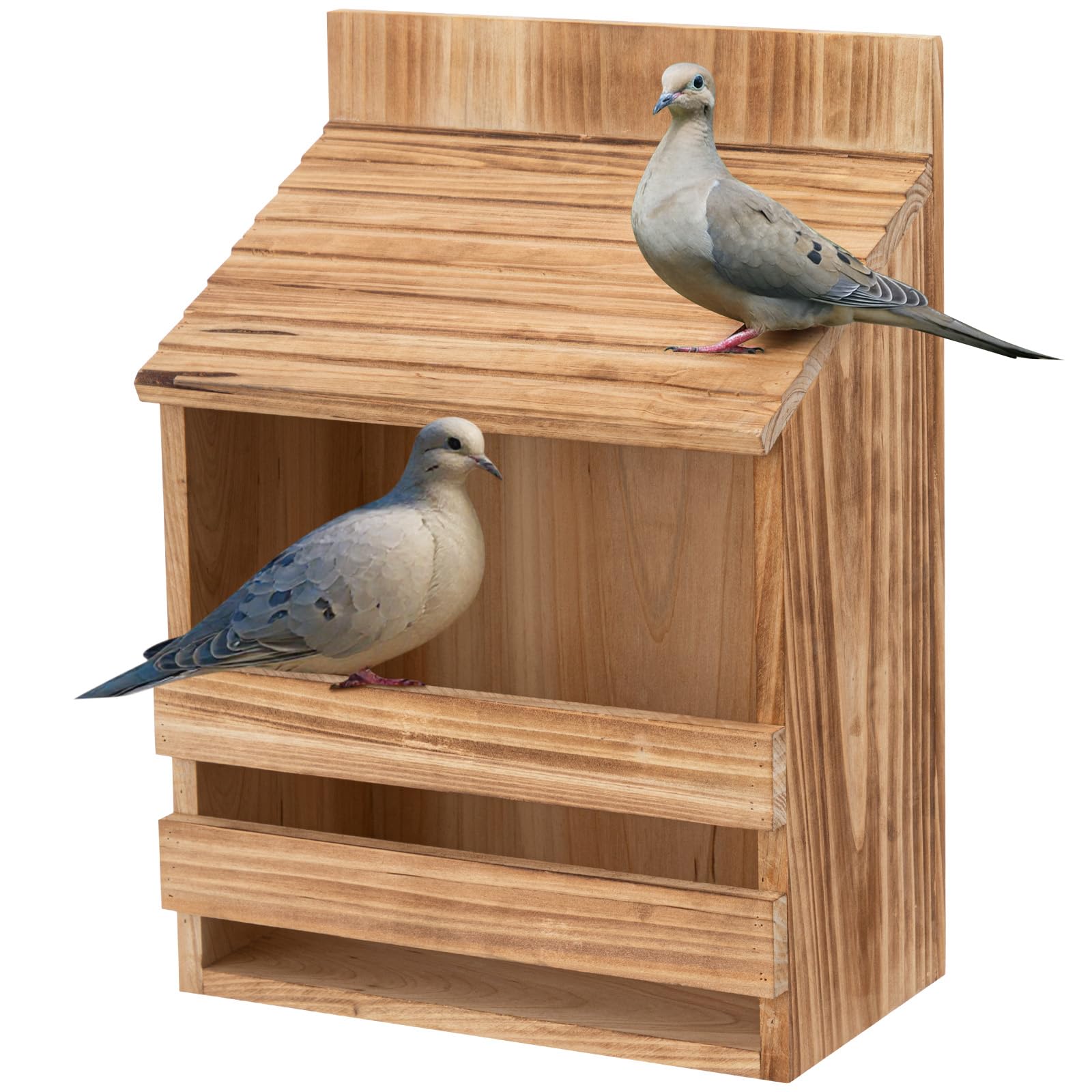 Photo 1 of Briwooody Wooden Open Mourning Dove Nesting Box for Outside Dove Bird House 14 H x 10 W x 6 L Inches Bird Nesting and Roosting Platform Hanging Birdhouse Garden Decoration (Flat Roof, Brown)