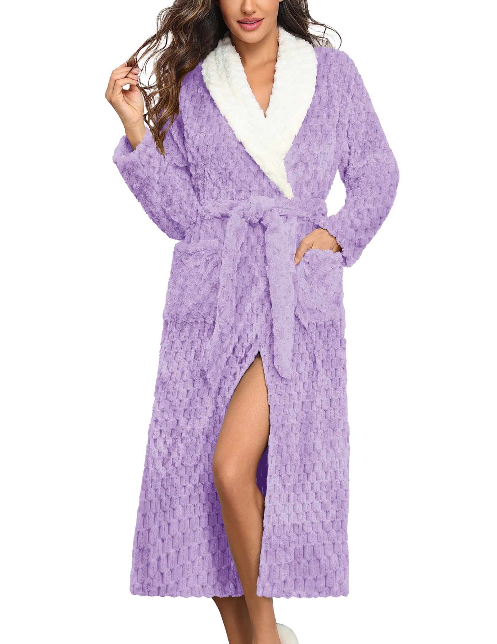 Ekouaer Womens Robe Long Plush Soft Bathrobe Jacquard Color Block Robes Shawl Collar Sleepwear with Pockets S-XXL