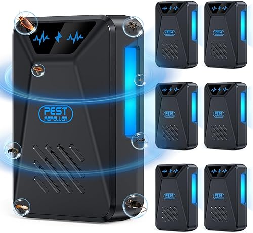 Paquete de 6 repelentes ultrasónicos de control de plagas, enchufe electrónico repelente de plagas en interiores para insectos, cucarachas, arañas,