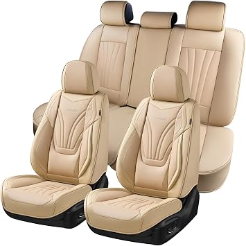 Coverado Car Seat Covers Full Set, 5 Piece Car Seat Protector with Lumbar Support & Removable Headrest, Breathable Leather Front Rear Seat Cushion Universal Fit for Truck Automotive Beige