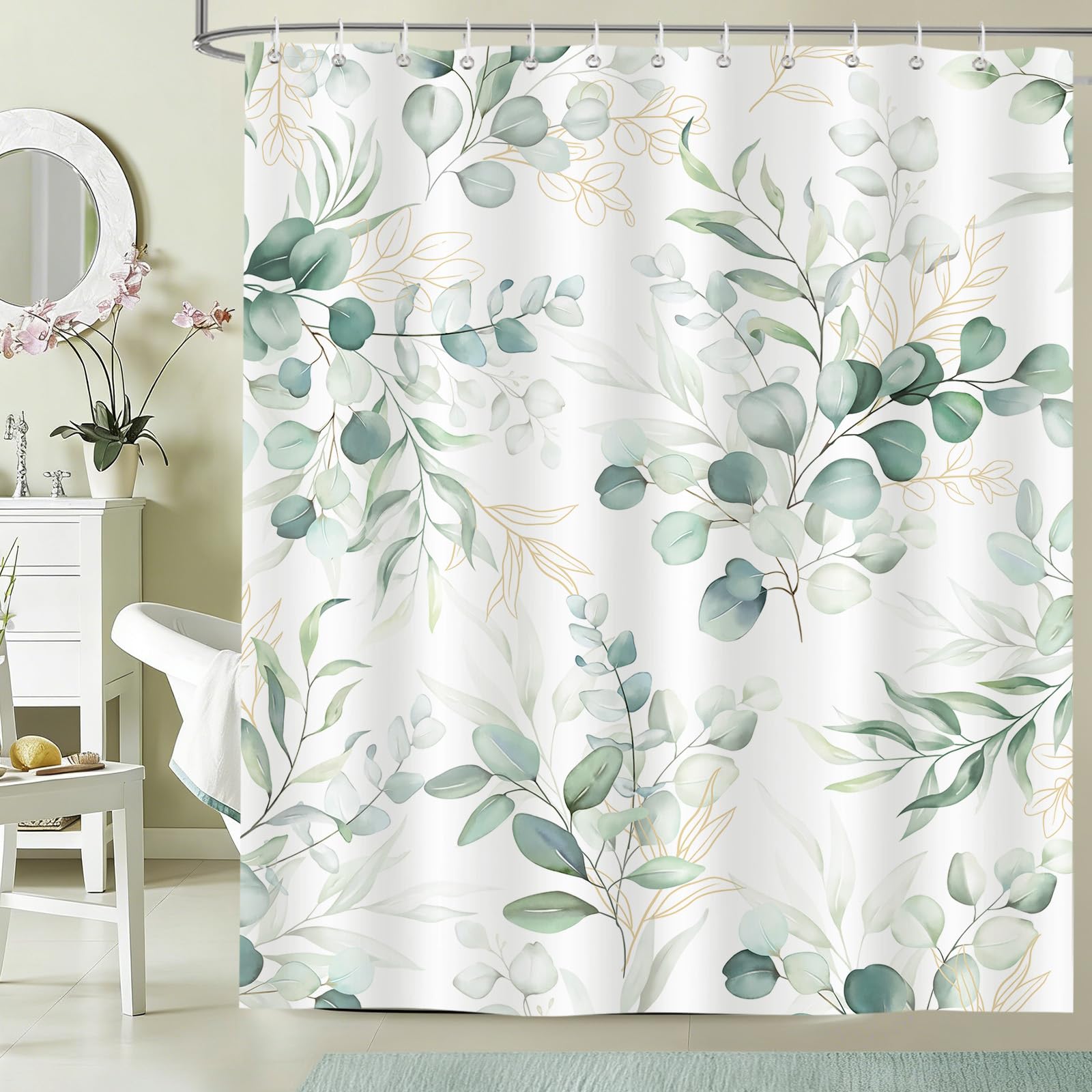 hometrixx Spring Plant Shower Curtain Sage Green Eucalyptus Leaves Watercolor Bathroom Polyester Shower Curtains Machine Washable Waterproof Fabric with 12 Hooks, 180 x 180 cm