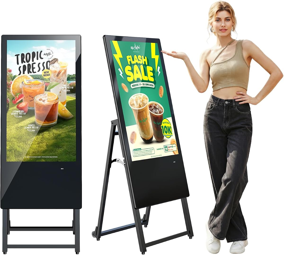Pantalla de señalización digital de 32 pulgadas, quiosco de publicidad con pantalla LCD, reproductor de anuncios automático portátil de pie, sistema operativo Android, control basado en aplicaciones con USB/HDMI/WiFi