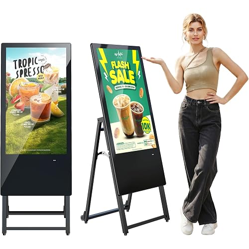 32 Inch Digital Signage Display, Screen LCD Advertising Kiosk, Portable Floor Standing Auto Ad Player Android OS App-Based Control with USB/HDMI/WiFi