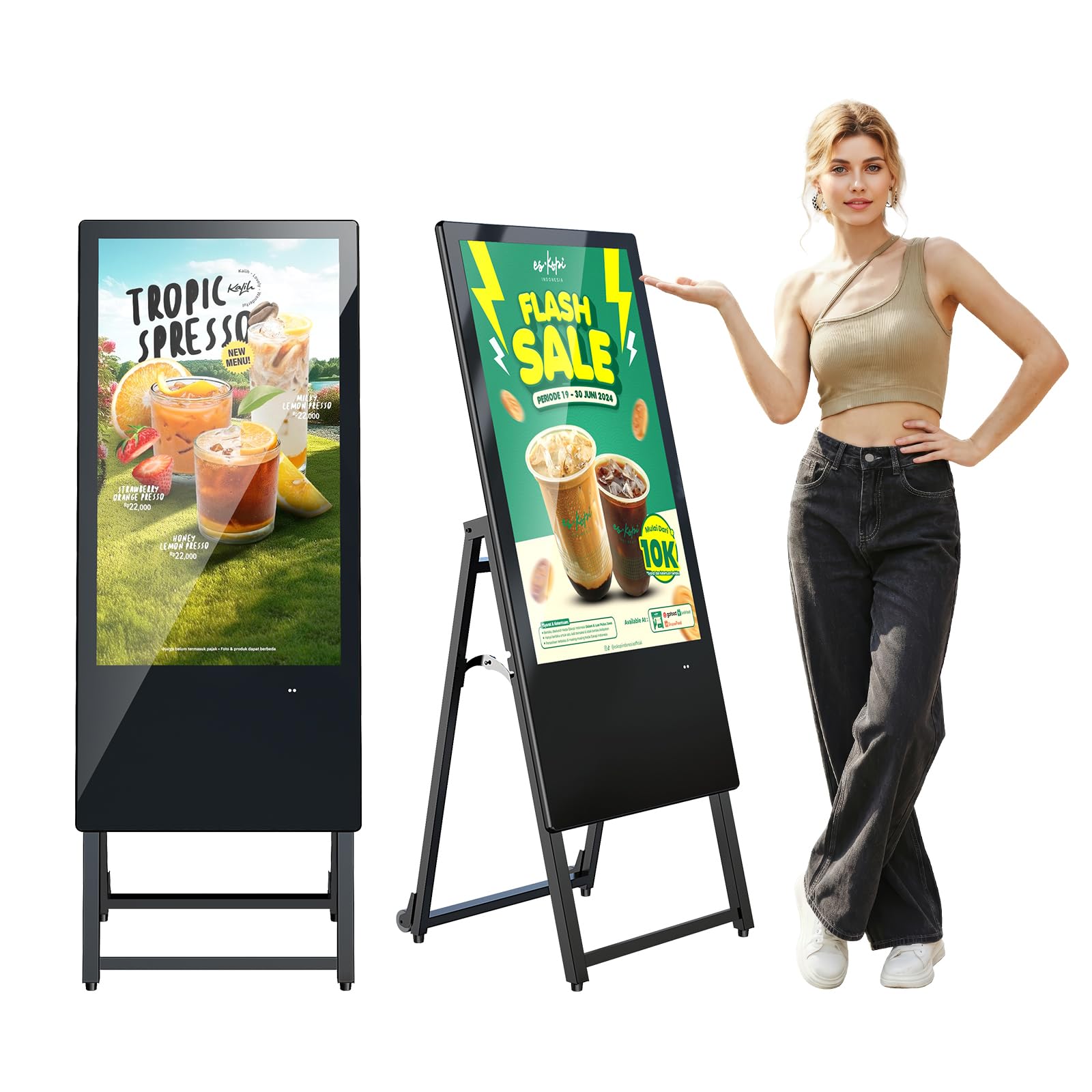 Display Pubblicitario Digitale 32 Pollici, Totem con Android OS, Digital Signage FHD IPS, Cavalletto LCD con WiFi/USB/HDMI, Pieghevole con Ruote, Nero