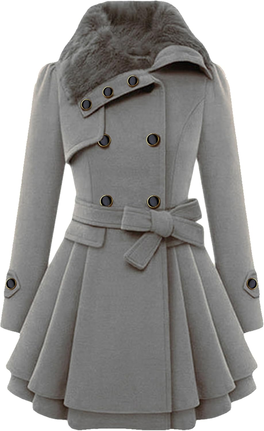 Womens Winter Warm Double Breasted Jacket Lapel Faux Fur Collar Trench Coat Mid Long Swing Coat with Belt