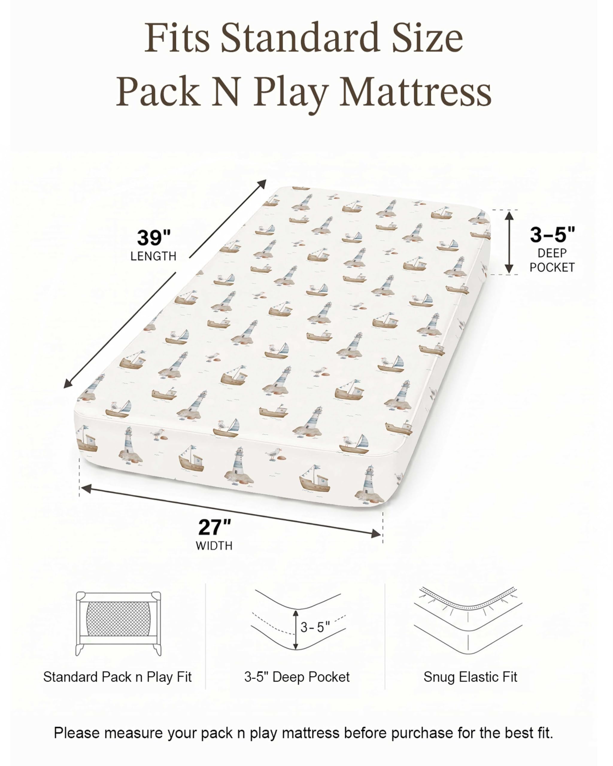 Pack and Play – Lot de 2 draps-housses en tricot jersey pour bébé garçon et fille, compatible avec les matelas Graco Pack N Play et mini berceau (vagues de voile)