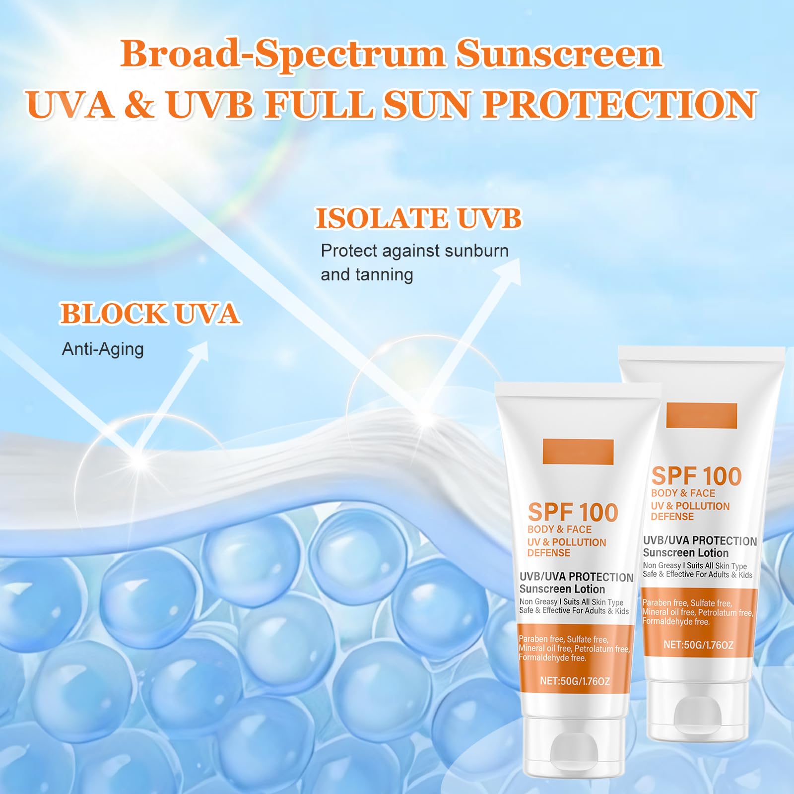 2Pcs Sunscreen SPF 100, Ultra Light UV Protetion Face Sunscreen, Factor 100 Sun Cream for Face & Body - Image 3