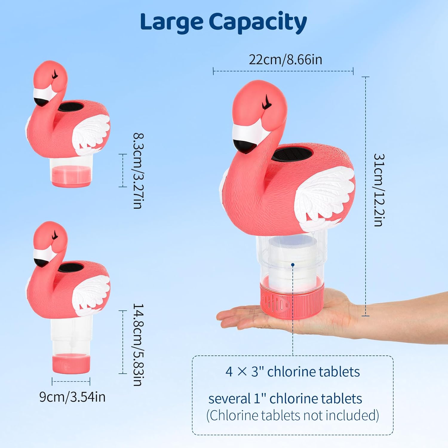 Housolution Solar Pool Chlorine Floater, Floating Chlorine Dispenser with Light, Fits 4x3in Tablets, Adjustable Release, Easy Opening & Anti-Sinking, Tablet Floater for Pool Hot Tub SPA, Flamingo