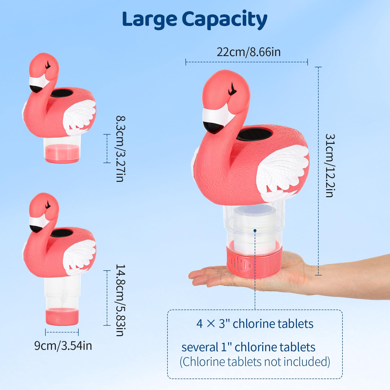 Housolution Solar Pool-Chlor-Floater,chwimmender Chlorspender mit Licht,passt 4x3in-Tabletten,einstellbare Freisetzung,einfache Öffnung & Anti-Sinken,Tablettenfloater für Pool,Whirlpool & SPA,Flamingo