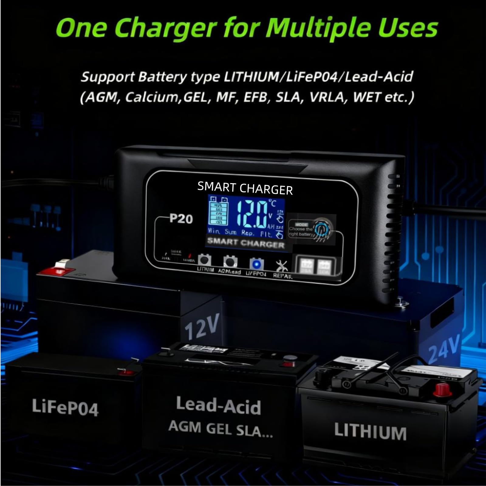 Inteligentna ładowarka i podtrzymywacz akumulatorów 12V/24V 20A, ładowarka P20 4-trybowa litowo-AGM/kwasowo-ołowiowa/LiFePO4 z ekranem LCD i funkcją naprawy impulsowej, do samochodów, motocykli, łodzi