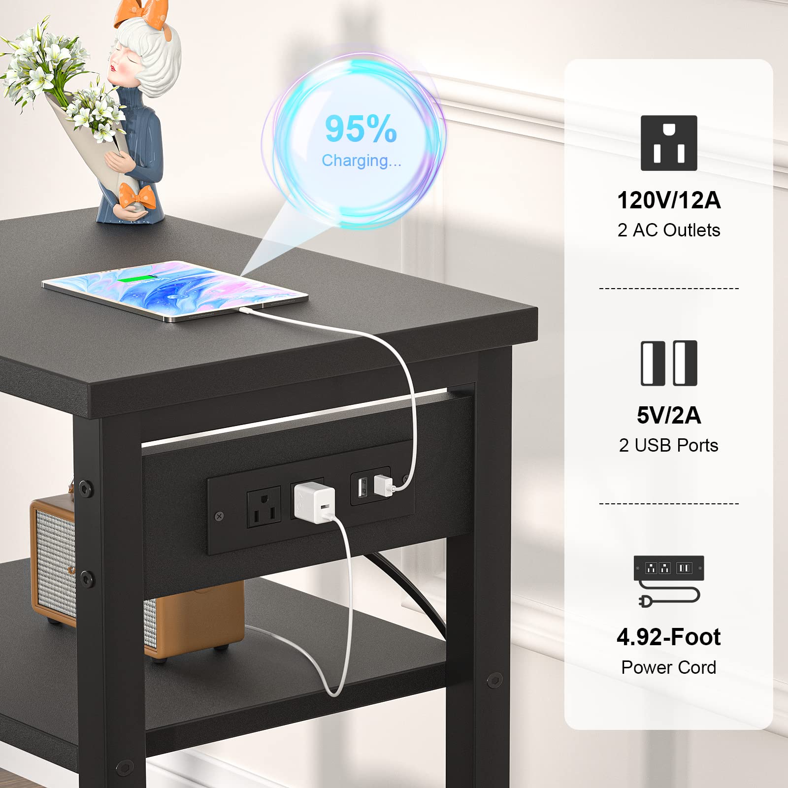 Aheaplus End Table Set of 2 with Charging Station, 3 Tier Slim Side