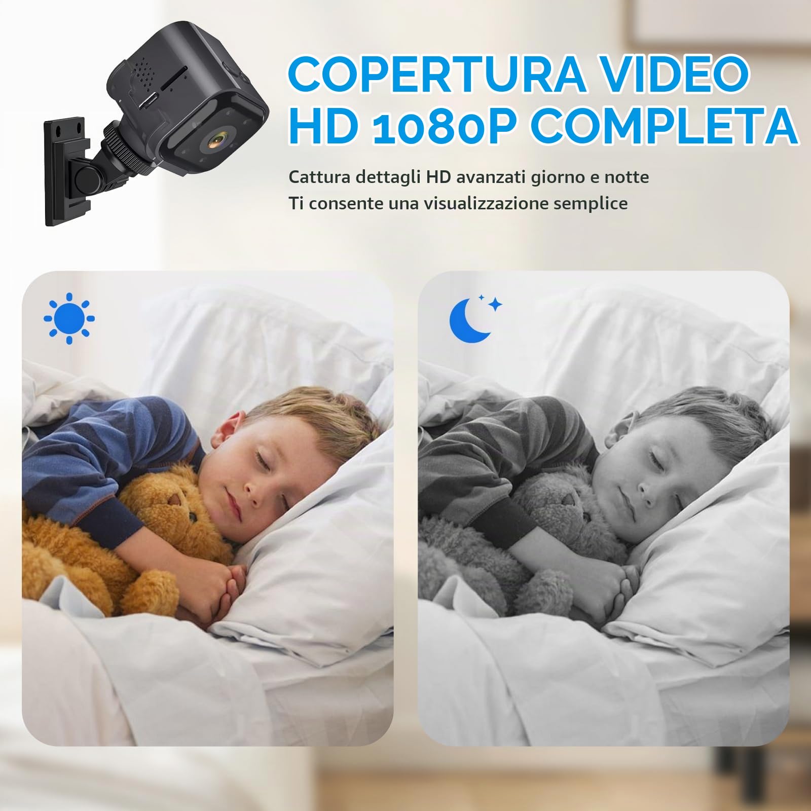 Mini Telecamera Senza Fili, Videocamera Sorveglianza HD, Microcamera | Telecamera WiFi Interno, Visione Notturna, Audio Bidirezionale, rilevazione di movimento, HD 1080p, Per Casa/Bambini