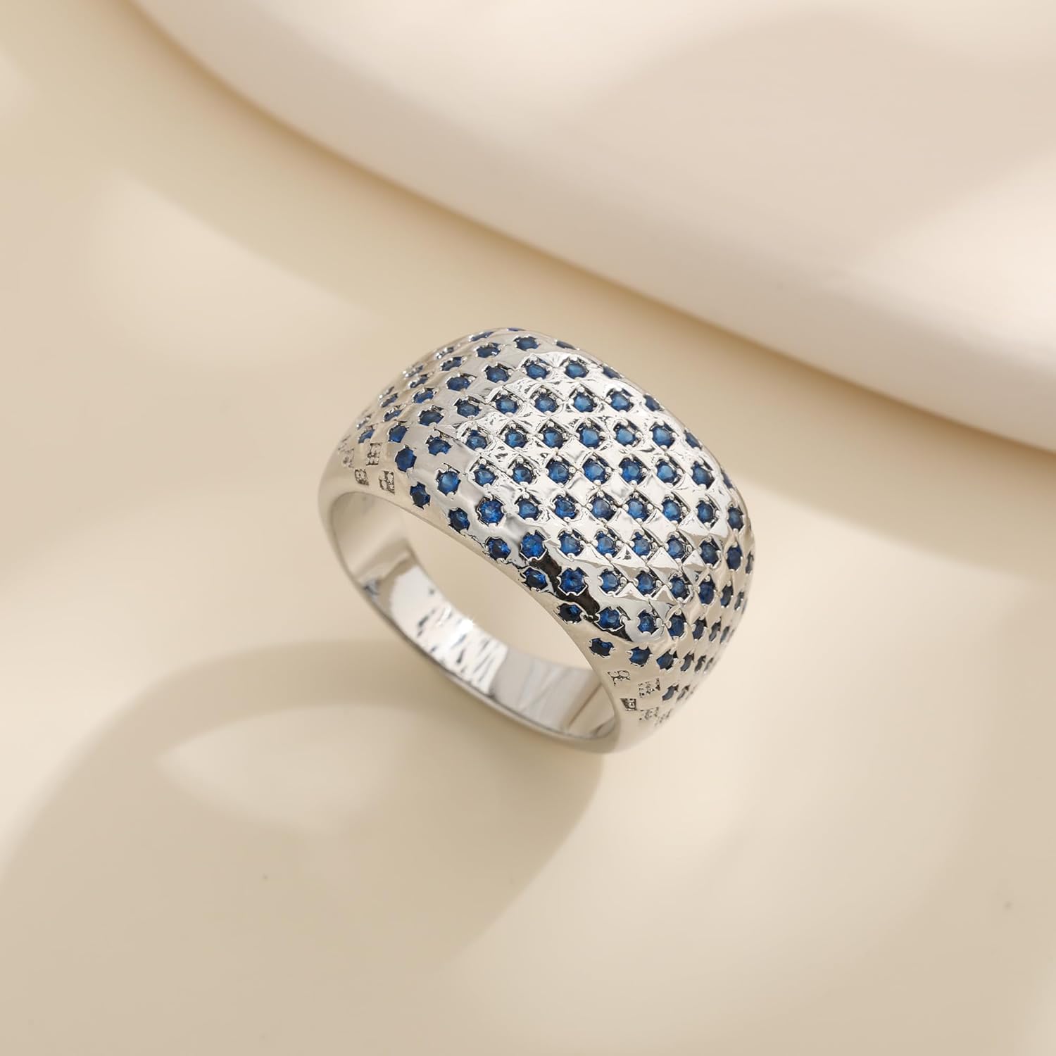 Bold Architectural Ring with Blue Zirconia, 925 Sterling Silver White Gold Plated Chunky Wide Eternity Band, Brutalist Statement Ring for Women, Maximalist Jewelry Gift